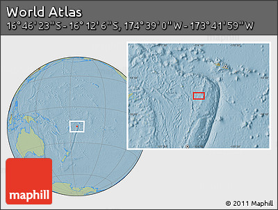 Savanna Style Location Map of the Area around 16° 29' 14" S, 174° 10' 30" W, hill shading