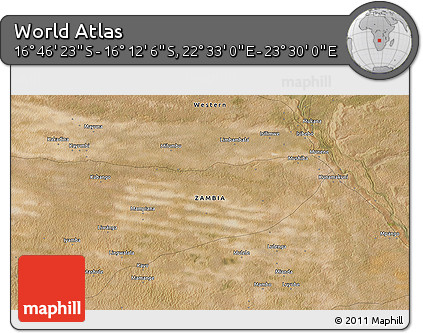 Satellite 3D Map of the Area around 16° 29' 14" S, 23° 1' 29" E