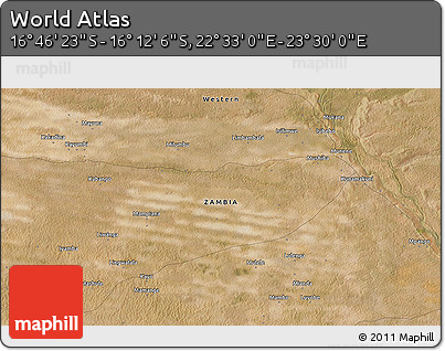 Satellite 3D Map of the Area around 16° 29' 14" S, 23° 1' 29" E