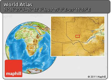 Physical Location Map of the Area around 16° 29' 14" S, 24° 43' 30" E