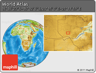 Physical Location Map of the Area around 16° 29' 14" S, 24° 43' 30" E