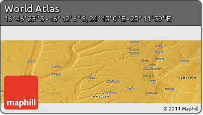 Physical Panoramic Map of the Area around 16° 29' 14" S, 24° 43' 30" E