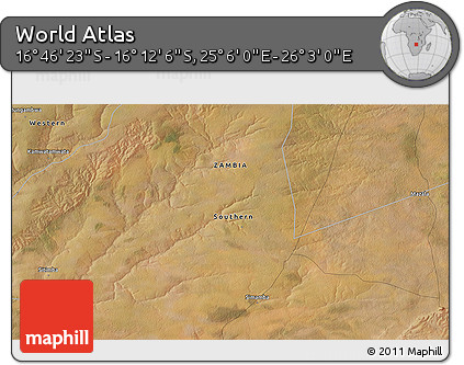 Satellite 3D Map of the Area around 16° 29' 14" S, 25° 34' 30" E