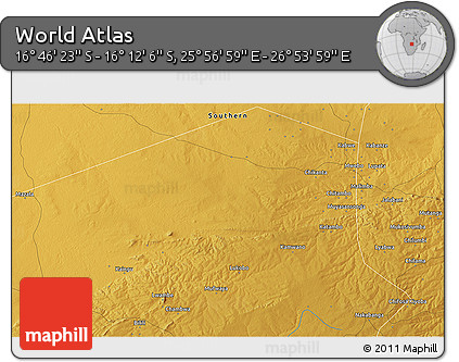 Physical 3D Map of the Area around 16° 29' 14" S, 26° 25' 29" E
