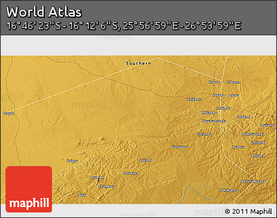 Physical 3D Map of the Area around 16° 29' 14" S, 26° 25' 29" E