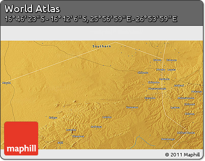 Physical 3D Map of the Area around 16° 29' 14" S, 26° 25' 29" E