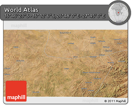 Satellite 3D Map of the Area around 16° 29' 14" S, 27° 16' 29" E