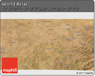 Satellite 3D Map of the Area around 16° 29' 14" S, 27° 16' 29" E