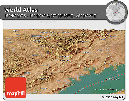 Satellite 3D Map of the Area around 16° 29' 14" S, 28° 7' 30" E