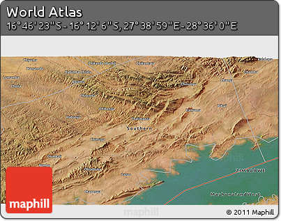 Satellite 3D Map of the Area around 16° 29' 14" S, 28° 7' 30" E