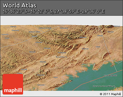 Satellite 3D Map of the Area around 16° 29' 14" S, 28° 7' 30" E