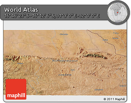 Satellite 3D Map of the Area around 16° 29' 14" S, 31° 31' 29" E