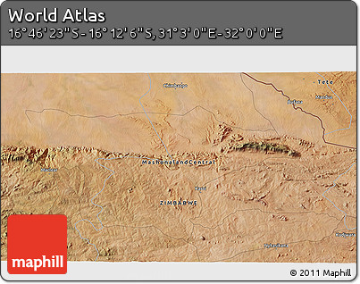 Satellite 3D Map of the Area around 16° 29' 14" S, 31° 31' 29" E