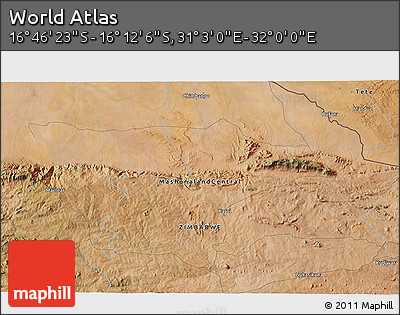 Satellite 3D Map of the Area around 16° 29' 14" S, 31° 31' 29" E