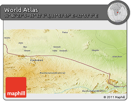 Physical 3D Map of the Area around 16° 29' 14" S, 32° 22' 30" E