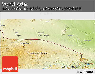 Physical 3D Map of the Area around 16° 29' 14" S, 32° 22' 30" E