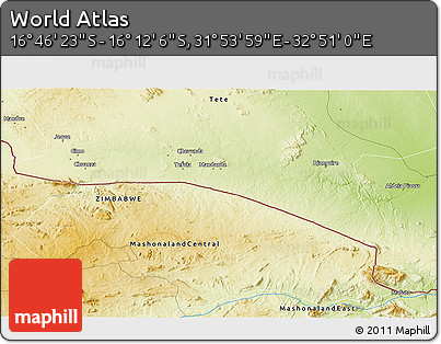 Physical 3D Map of the Area around 16° 29' 14" S, 32° 22' 30" E