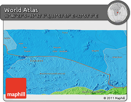 Political 3D Map of the Area around 16° 29' 14" S, 32° 22' 30" E