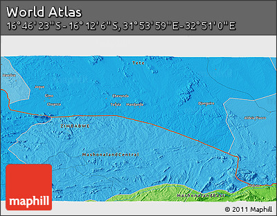 Political 3D Map of the Area around 16° 29' 14" S, 32° 22' 30" E