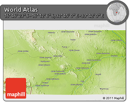 Physical 3D Map of the Area around 16° 29' 14" S, 33° 13' 30" E