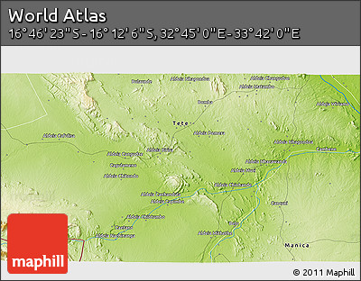 Physical 3D Map of the Area around 16° 29' 14" S, 33° 13' 30" E