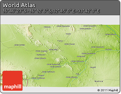 Physical 3D Map of the Area around 16° 29' 14" S, 33° 13' 30" E