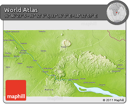 Physical 3D Map of the Area around 16° 29' 14" S, 34° 4' 30" E