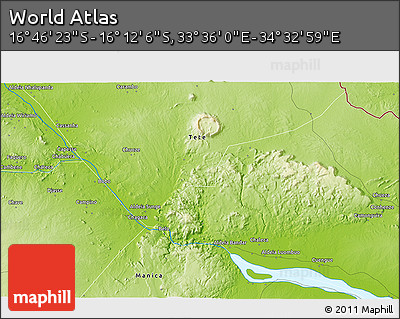 Physical 3D Map of the Area around 16° 29' 14" S, 34° 4' 30" E