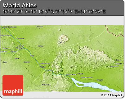 Physical 3D Map of the Area around 16° 29' 14" S, 34° 4' 30" E