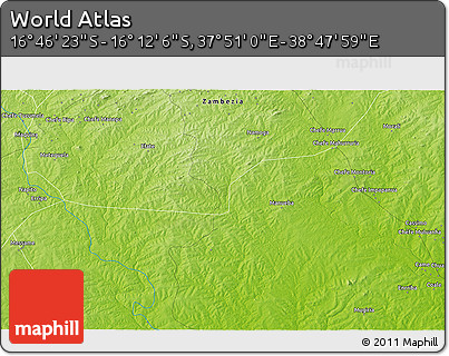 Physical 3D Map of the Area around 16° 29' 14" S, 38° 19' 30" E