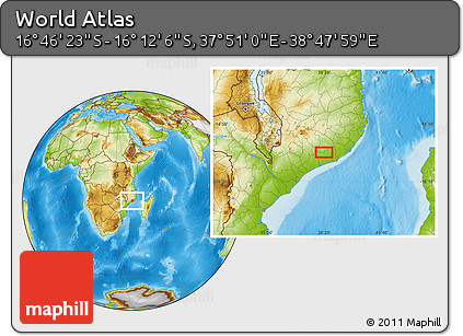 Physical Location Map of the Area around 16° 29' 14" S, 38° 19' 30" E