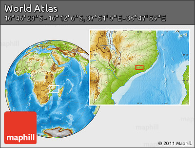 Physical Location Map of the Area around 16° 29' 14" S, 38° 19' 30" E