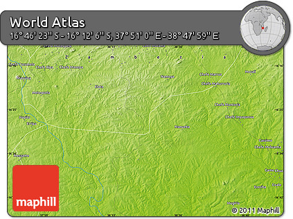 Physical Map of the Area around 16° 29' 14" S, 38° 19' 30" E