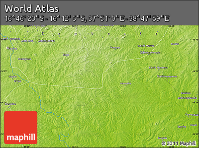 Physical Map of the Area around 16° 29' 14" S, 38° 19' 30" E