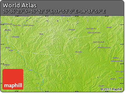 Physical Map of the Area around 16° 29' 14" S, 38° 19' 30" E