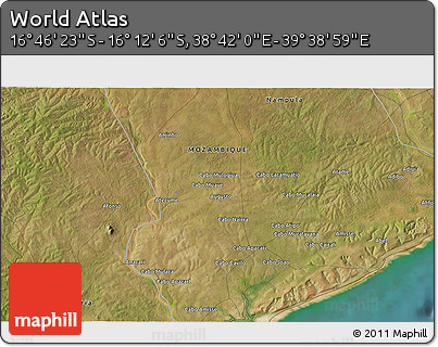 Satellite 3D Map of the Area around 16° 29' 14" S, 39° 10' 29" E