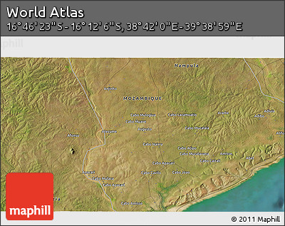 Satellite 3D Map of the Area around 16° 29' 14" S, 39° 10' 29" E