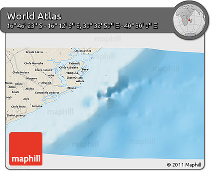 Shaded Relief 3D Map of the Area around 16° 29' 14" S, 40° 1' 29" E