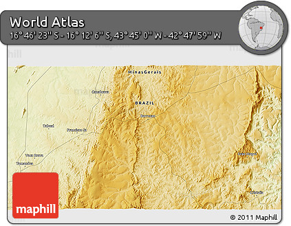 Physical 3D Map of the Area around 16° 29' 14" S, 43° 16' 29" W