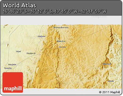 Physical 3D Map of the Area around 16° 29' 14" S, 43° 16' 29" W