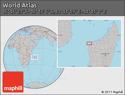 Gray Location Map of the Area around 16° 29' 14" S, 44° 16' 29" E