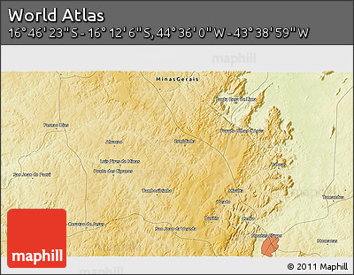 Physical 3D Map of the Area around 16° 29' 14" S, 44° 7' 30" W