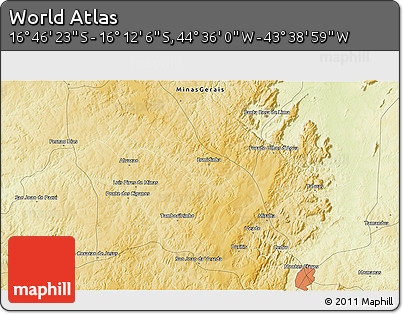 Physical 3D Map of the Area around 16° 29' 14" S, 44° 7' 30" W