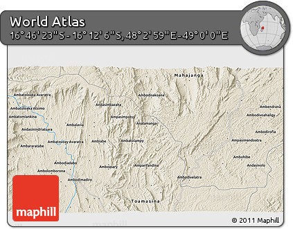 Shaded Relief 3D Map of the Area around 16° 29' 14" S, 48° 31' 29" E