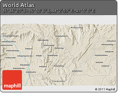 Shaded Relief 3D Map of the Area around 16° 29' 14" S, 48° 31' 29" E