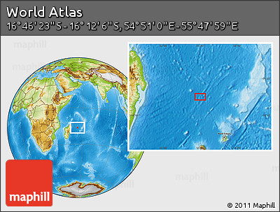 Physical Location Map of the Area around 16° 29' 14" S, 55° 19' 30" E