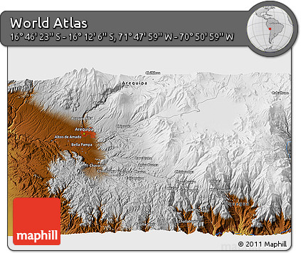 Physical 3D Map of the Area around 16° 29' 14" S, 71° 19' 29" W