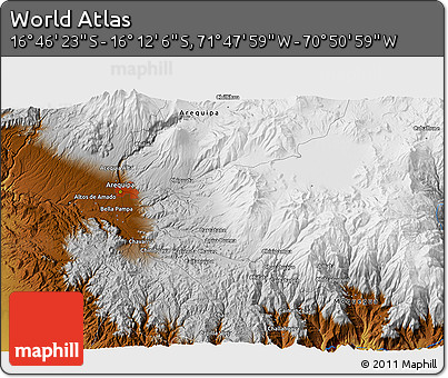 Physical 3D Map of the Area around 16° 29' 14" S, 71° 19' 29" W
