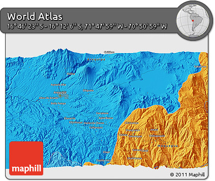 Political 3D Map of the Area around 16° 29' 14" S, 71° 19' 29" W