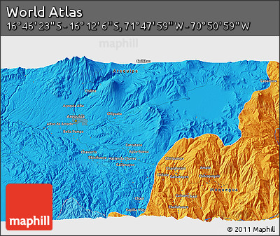 Political 3D Map of the Area around 16° 29' 14" S, 71° 19' 29" W